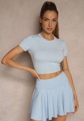 Jasnoniebieski Dopasowany T-shirt z Wiskozą o Kroju Crop Top Folaviela. Niebieskie t-shirty damskie Renee, m, bez wzorów, z jeansu, bez kołnierzyka, bez ramiączek. Za 39.99 zł.