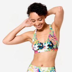Góra kostiumu kąpielowego surfingowego damska Olaian Agatha Kwiaty. Zielone bikini OLAIAN, bez wzorów, z elastanu. Za 89.99 zł.
