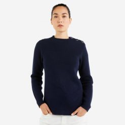 Sweter marynarski damski Tribord. Niebieskie swetry nierozpinane damskie Decathlon, l, bez wzorów, z bawełny, eleganckie, bez kołnierzyka, bez ramiączek. Za 99.99 zł.