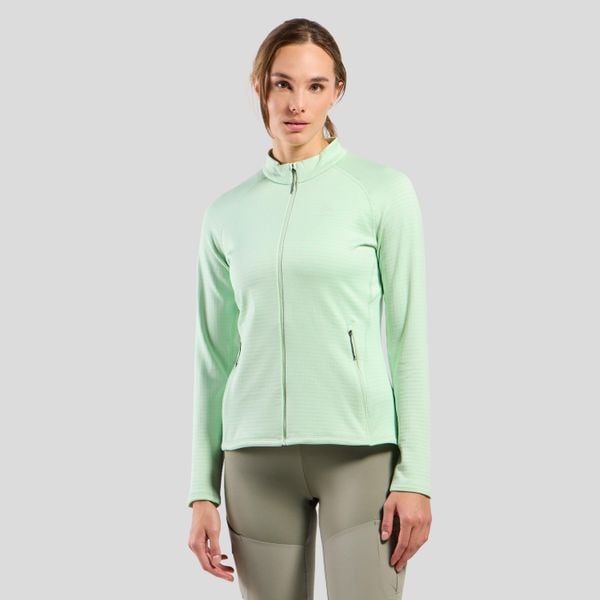 Bluza damska Odlo TENCIA Mid layer full zip. Zielone bluzy damskie ODLO, na zimę, s, bez wzorów, z materiału, bez ramiączek, bez kaptura. Za 297.49 zł.