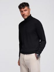 Męski dzianinowy dopasowany golf z wiskozą - czarny V1 - Rozmiar: L. Czarne swetry męskie Ombre Clothing, l, bez wzorów, z dzianiny, bez kołnierzyka, bez ramiączek. W wyprzedaży za 79.99 zł.