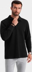 Ombre Bluza męska z kołnierzykiem polo ze strukturalnej dzianiny - czarna V8 OM-SSNZ-0149 L. Czarne bluzy męskie Ombre, l, bez wzorów, z dzianiny, bez ramiączek, bez kaptura. Za 169.99 zł.