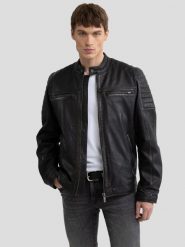 Kurtka męska biker skórzana czarna Hideo 906. Czarne kurtki męskie BIG STAR, l, bez wzorów, z bawełny, klasyczne, bez kaptura. Za 899.99 zł.