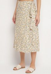 Beżowa Spódnica Wiązana w Pasie w Kwiatowy Print Ellivella. Brązowe spódnice damskie Born2be, do pracy, bez wzorów, biznesowe, midi, koszulowe. Za 34.99 zł.