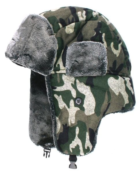 Ciepła, Zimowa Czapka z Uszami (Pilotka) - Jarek - Zielone Moro. Zielone czapki męskie Jarek, na zimę, bez wzorów. Za 69.00 zł.