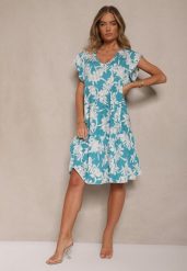 Niebieska Kwiatowa Rozkloszowana Sukienka z Bawełny Liravira. Niebieskie sukienki damskie Renee, na co dzień, na lato, l, bez wzorów, z bawełny, eleganckie, bez kołnierzyka, bez ramiączek, midi, rozkloszowane. Za 49.99 zł.