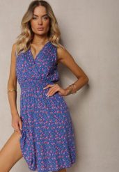 Granatowa Kopertowa Sukienka z Wiskozy w Kwiaty Wykończona Gumką w Talii Innavia. Niebieskie sukienki damskie Renee, na co dzień, na lato, m, bez wzorów, z wiskozy, bez kołnierzyka, bez ramiączek, midi, kopertowe. Za 39.99 zł.