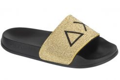 Klapki na basen damskie, Slippers Strass Logo. Żółte klapki damskie SUN68, bez wzorów, z materiału, sportowe, bez obcasa, bez zapięcia. Za 169.90 zł.