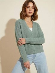 Kardigan basic - zielony. Zielone kardigany damskie Sinsay, l, bez wzorów, bez kołnierzyka. Za 39.99 zł.