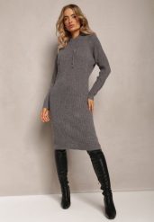 Ciemnoszara Wełniana Sukienka w Prążki z Kapturem Opiuda. Szare sukienki damskie Renee, na co dzień, bez wzorów, z wełny, eleganckie, bez kołnierzyka, bez ramiączek, midi, sportowe. Za 99.99 zł.