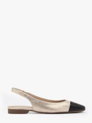 Platynowe baleriny typu slingback z czarnym noskiem SALMA. Szare balerinki damskie Ryłko, bez wzorów, z gumy, z okrągłym noskiem, bez obcasa, na płaskiej podeszwie, bez zapięcia. W wyprzedaży za 239.99 zł.