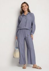 Niebieski Komplet o Kroju Oversize Koszula i Spodnie Ulosarenia. Niebieskie koszule damskie Born2be, l, z aplikacjami, eleganckie, bez kołnierzyka, bez ramiączek. Za 109.99 zł.