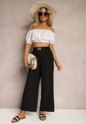 Czarne Spodnie z Szerokimi Nogawkami w Stylu Palazzo High Waist z Gumką w Pasie z Ozdobnym Elementem Ellsiana. Czarne spodnie materiałowe damskie Renee, bez wzorów, z bawełny, eleganckie, z podwyższonym stanem. Za 44.99 zł.