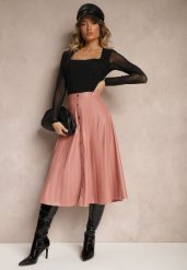 Różowa Spódnica z Ekoskóry High Waist o Rozkloszowanym Kroju na Napy i Guziki Ilalira. Czerwone spódnice damskie Renee, l, z aplikacjami, eleganckie, z podwyższonym stanem, midi, dopasowane. Za 34.99 zł.