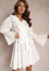 Biała Mini Sukienka o Rozkloszowanym Kroju z Falbankami i Materiałowym Paskiem w Talii Fiorfa. Białe sukienki damskie Renee, na lato, l, bez wzorów, z materiału, eleganckie, bez kołnierzyka, bez ramiączek, mini, rozkloszowane. Za 129.99 zł.