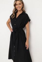 Czarna Koszulowa Sukienka na Guziki z Materiałowym Paskiem w Talii Qisofia. Czarne sukienki damskie Born2be, na co dzień, l, bez wzorów, z materiału, eleganckie, bez kołnierzyka, bez ramiączek, midi, koszulowe. Za 109.99 zł.