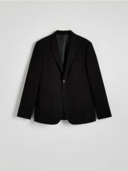 Marynarka slim fit z dodatkiem wiskozy - czarny. Czarne garnitury męskie Reserved, bez wzorów, z tkaniny. W wyprzedaży za 239.99 zł.