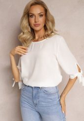 Biała Bluzka z Wiązaniami na Rękawach 3/4 Fildreda. Białe bluzki damskie Renee, bez wzorów, bez kołnierzyka, bez ramiączek. Za 49.99 zł.