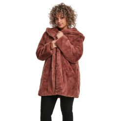Płaszcz damski z kapturem Urban Classics Teddy. Czerwone płaszcze damskie Urban Classics, m, bez wzorów, bez kołnierzyka, z kapturem. Za 314.85 zł.
