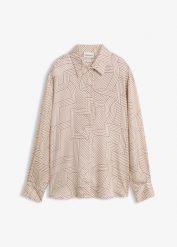 Bluzka koszulowa z jedwabiu. Brązowe bluzki damskie bonprix, bez wzorów, eleganckie, bez kołnierzyka, bez ramiączek. Za 299.99 zł.