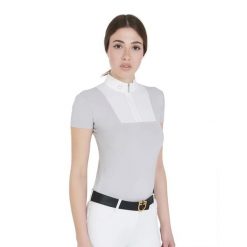 Damska koszula konkursowa slim fit z krótkim rękawem. Białe koszule damskie EQUESTRO, l, z aplikacjami, z bawełny, bez kołnierzyka, bez ramiączek. Za 361.62 zł.