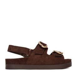 Sandały DeeZee. Brązowe sandały damskie DeeZee, bez wzorów, bez obcasa, na płaskiej podeszwie, bez zapięcia. Za 149.99 zł.