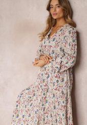 Jasnobeżowa Rozkloszowana Sukienka Koszulowa w Kwiaty Leathy. Brązowe sukienki damskie Renee, l, bez wzorów, bez kołnierzyka, bez ramiączek, midi, koszulowe. Za 109.99 zł.