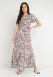 Niebiesko-Pomarańczowa Sukienka z Wiskozy Cirukas. Niebieskie sukienki damskie Born2be, na co dzień, m, bez wzorów, z materiału, klasyczne, bez kołnierzyka, bez ramiączek, maxi, kopertowe. Za 29.99 zł.