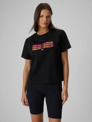 4F T-shirt boxy z nadrukiem damski - czarny XL. Czarne t-shirty damskie 4F, xl, bez wzorów, z bawełny, bez kołnierzyka, bez ramiączek. Za 69.99 zł.
