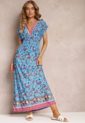 Granatowa Rozkloszowana Sukienka Maxi z Printem Paisley z Gumką w Pasie Zoenia. Niebieskie sukienki damskie Renee, na lato, l, bez wzorów, bez kołnierzyka, bez ramiączek, maxi, rozkloszowane. Za 39.99 zł.