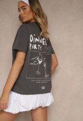 Ciemnoszary T-shirt z Bawełny z Nadrukiem Adferia. Szare t-shirty damskie Renee, l, bez wzorów, z bawełny, eleganckie, bez kołnierzyka, bez ramiączek. Za 44.99 zł.