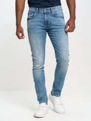 Jeansy męskie skinny z przetarciami niebieskie Owen 141. Niebieskie jeansy męskie BIG STAR, z denimu, klasyczne. W wyprzedaży za 249.99 zł.