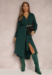 Ciemnozielona Sukienka Koszulowa z Paskiem Vartivar. Zielone sukienki damskie Renee, na imprezę, l, bez wzorów, z materiału, eleganckie, bez kołnierzyka, bez ramiączek, midi, koszulowe. Za 109.99 zł.