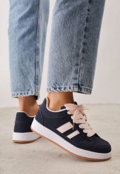 Granatowe Sneakersy Basic z Paskami na Boku Adila. Niebieskie obuwie sportowe damskie Renee, bez wzorów, z jeansu, bez zapięcia. Za 99.99 zł.