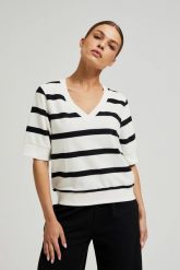 Bluza w paski z krótkimi rękawami czarno-biała. Białe bluzy damskie MOODO, s, bez wzorów, z bawełny, bez ramiączek, bez kaptura. W wyprzedaży za 44.98 zł.