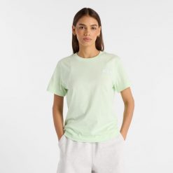 Koszulka damska New Balance WT41509MEW – miętowa. Zielone bluzki damskie New Balance, l, bez wzorów, z bawełny, eleganckie, bez kołnierzyka, bez ramiączek. Za 79.99 zł.