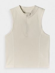 4F Top slim z prążkowanej dzianiny damski - biały XL. Białe topy damskie 4F, xl, bez wzorów, z bawełny, klasyczne, bez kołnierzyka, bez ramiączek. W wyprzedaży za 39.99 zł.
