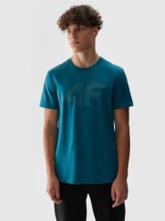 4F T-shirt regular z nadrukiem męski - turkusowy S. Niebieskie t-shirty męskie 4F, m, bez wzorów, z bawełny, bez kołnierzyka, bez ramiączek. W wyprzedaży za 39.99 zł.