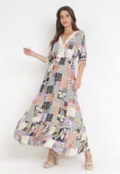 Szaro-Czarna Rozkloszowana Sukienka Maxi w Patchworkowy Wzór Daliah. Szare sukienki damskie Born2be, l, z aplikacjami, bez kołnierzyka, bez ramiączek, maxi, rozkloszowane. Za 109.99 zł.