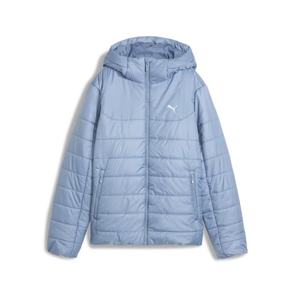 Damska kurtka wyścielana Essentials z kapturem PUMA. Niebieskie kurtki sportowe damskie Puma, bez wzorów, z puchu, bez ramiączek, z kapturem, trekkingowe. Za 399.00 zł.