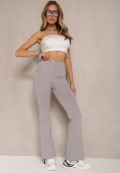 Jasnoszare Spodnie Dzwony High Waist Odavia. Szare spodnie materiałowe damskie Renee, bez wzorów, z jeansu, eleganckie, z podwyższonym stanem. Za 59.99 zł.