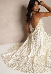 Biała Wiskozowa Sukienka Halter Zdobiona Metalicznym Nadrukiem w Panterkę Linaruna. Białe sukienki damskie Renee, na co dzień, m, z aplikacjami, z materiału, eleganckie, bez kołnierzyka, bez ramiączek, maxi, rozkloszowane. Za 84.99 zł.
