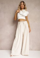 Jasnobeżowe Szerokie Spodnie High Waist Zapinane na Suwak z Wiązaniem w Talii Vikonnia. Brązowe spodnie materiałowe damskie Renee, bez wzorów, z jeansu, eleganckie, z podwyższonym stanem. Za 59.99 zł.