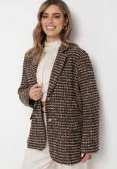 Czarno-Brązowa Marynarka Tweedowa Retro o Jednorzędowym Fasonie Asaretta. Czarne marynarki i żakiety damskie Born2be, bez wzorów, z tkaniny, retro, bez kołnierzyka, bez ramiączek. Za 219.99 zł.