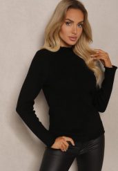 Czarny Sweter z Wełną przy Dekolcie Ozdobiony Falbanką Seatoria. Czarne swetry nierozpinane damskie Renee, z aplikacjami, z jeansu, casualowe, bez kołnierzyka, bez ramiączek. Za 79.99 zł.