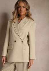 Jasnobeżowa Pudełkowa Marynarka Oversize o Dwurzędowym Fasonie z Dodatkowym Guzikiem Pasmira. Brązowe marynarki i żakiety damskie Renee, z aplikacjami, z jeansu, eleganckie, bez kołnierzyka, bez ramiączek. Za 219.99 zł.