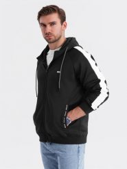 Męska rozpinana bluza z kapturem i lampasami - czarna V1 OM-SSZP-0210 S. Czarne bluzy męskie Ombre, m, bez wzorów, bez ramiączek, z kapturem. Za 393.34 zł.