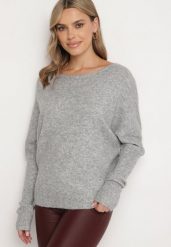 Szary Sweter z Lnem i Dekoltem w Łódkę o Kroju Oversize Sassirra. Szare swetry nierozpinane damskie Born2be, l, bez wzorów, z jeansu, biznesowe, bez kołnierzyka, bez ramiączek. Za 129.99 zł.