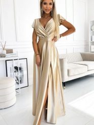 Sukienka Model Crystal 411-7 Gold - Numoco. Żółte sukienki damskie Numoco, l, bez wzorów, z elastanu, wizytowe, bez kołnierzyka, plus size, bez ramiączek, maxi, kopertowe. Za 768.42 zł.