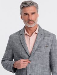 Kurtka męska Ombre Marynarka męska o kroju REGULAR z lnem - grafitowa V5 OM-BLZB-0128 L. Szare garnitury męskie Ombre, l, bez wzorów, bez kaptura. Za 409.99 zł.